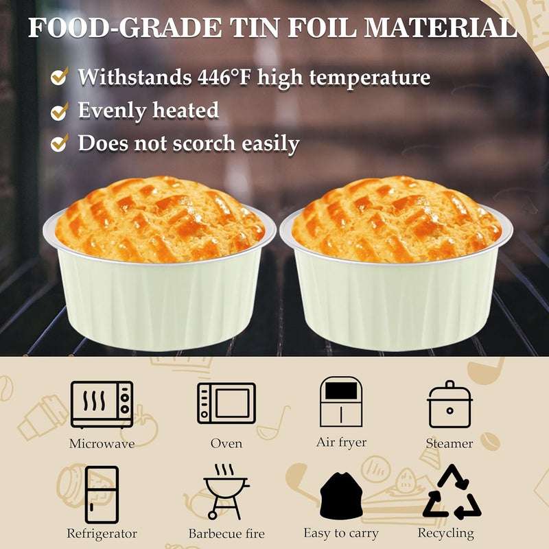 BAKINGPAK 50PCS 4OZ Mini Cake Pans with Lids - Aluminum Cups, Cupcake Containers, Disposable Ramekins for Wedding, Birthday, Holiday, Yellowish - Image 4